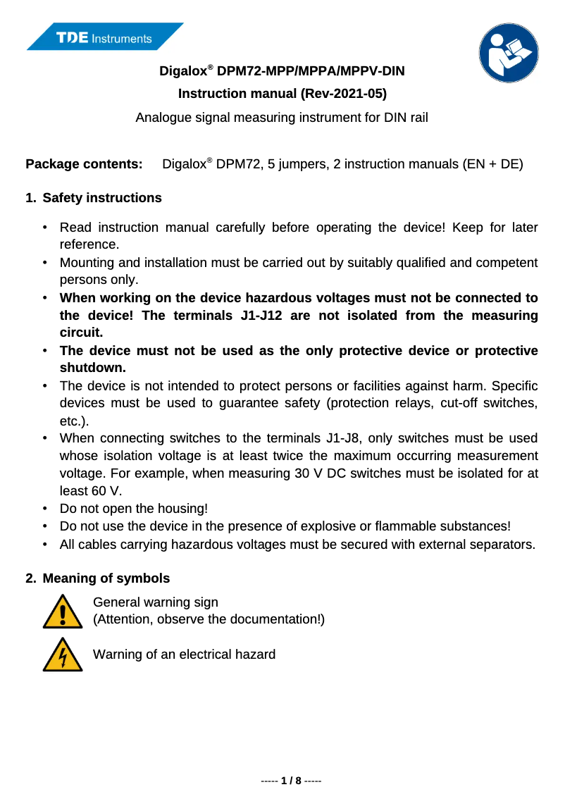 Image de la première page du manuel de l'appareil Digalox DPM72-MPP-DIN