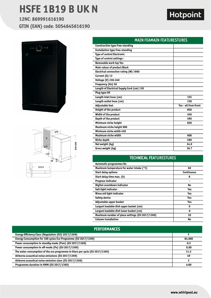 Page 1 de la notice Fiche technique Hotpoint HSFE 1B19 B UK N