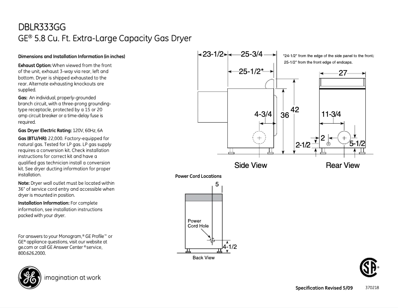 Page 1 of the manual Technical Sheet GE DBLR333GGCC