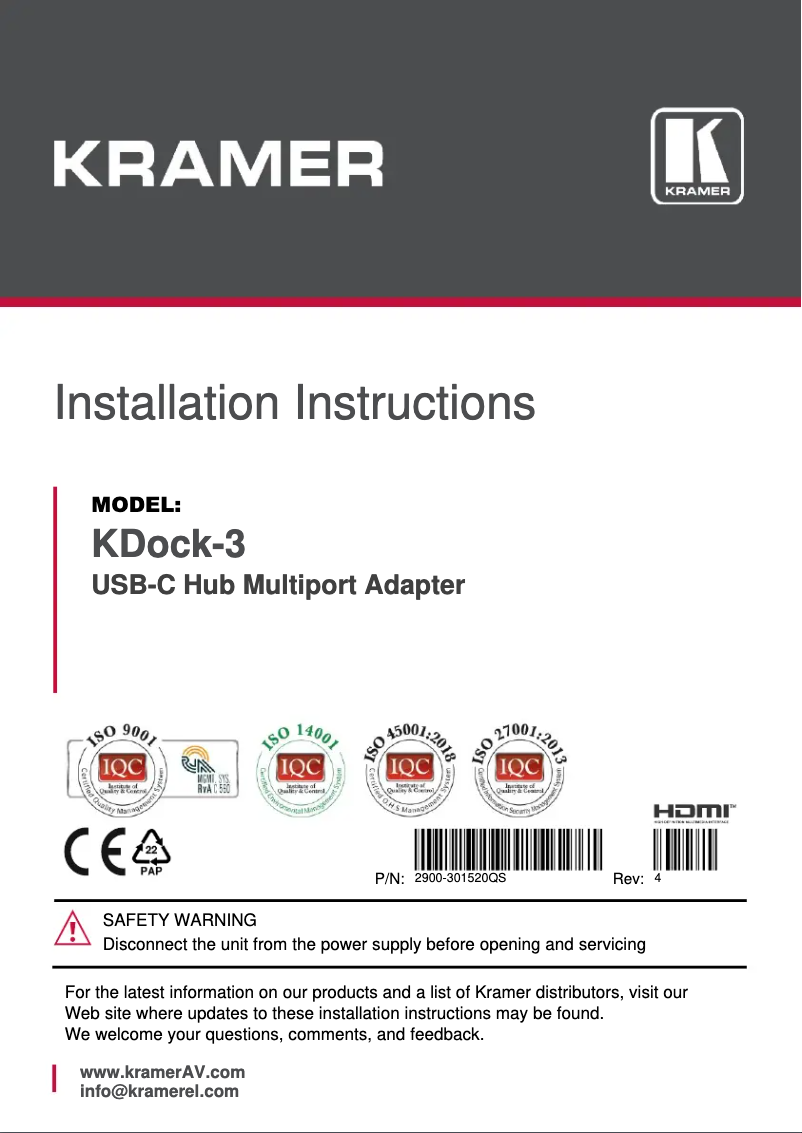 Page n°1 - Manuel utilisateur Kramer KDock-3