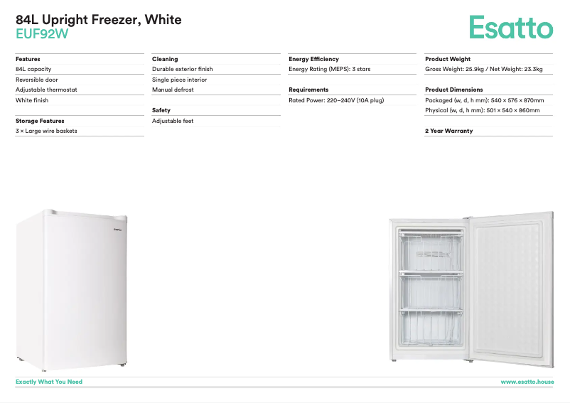 Page 1 de la notice Fiche technique Esatto EUF92W