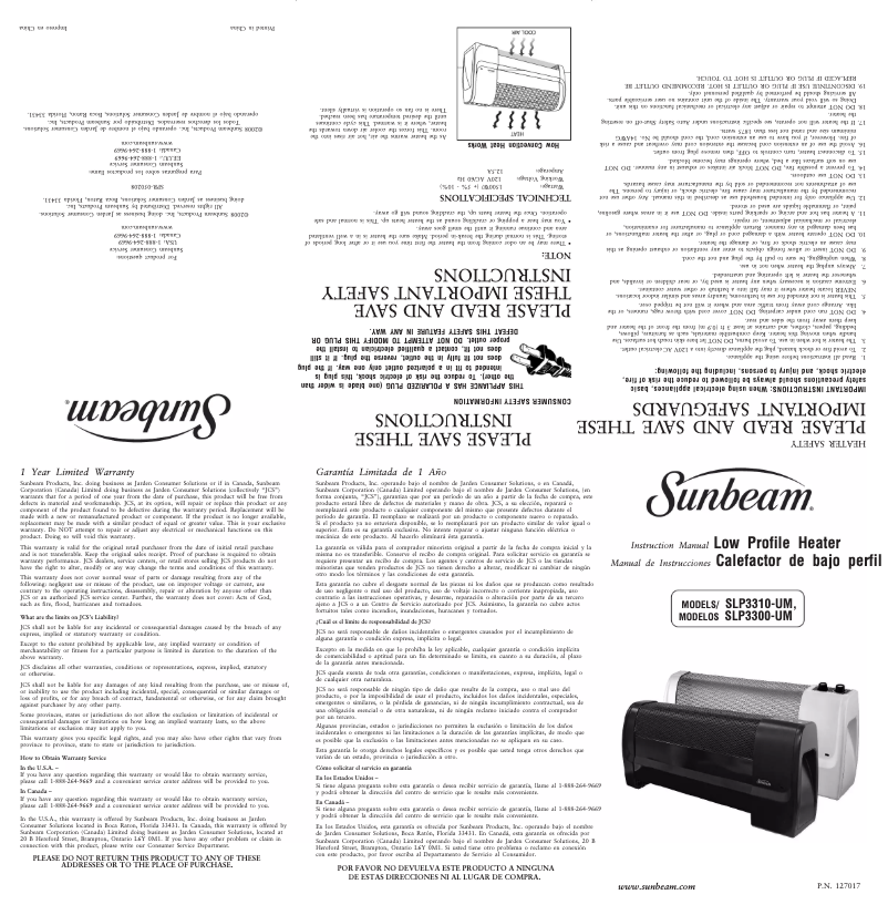 Page 1 de la notice Manuel utilisateur Sunbeam SLP3300-UM