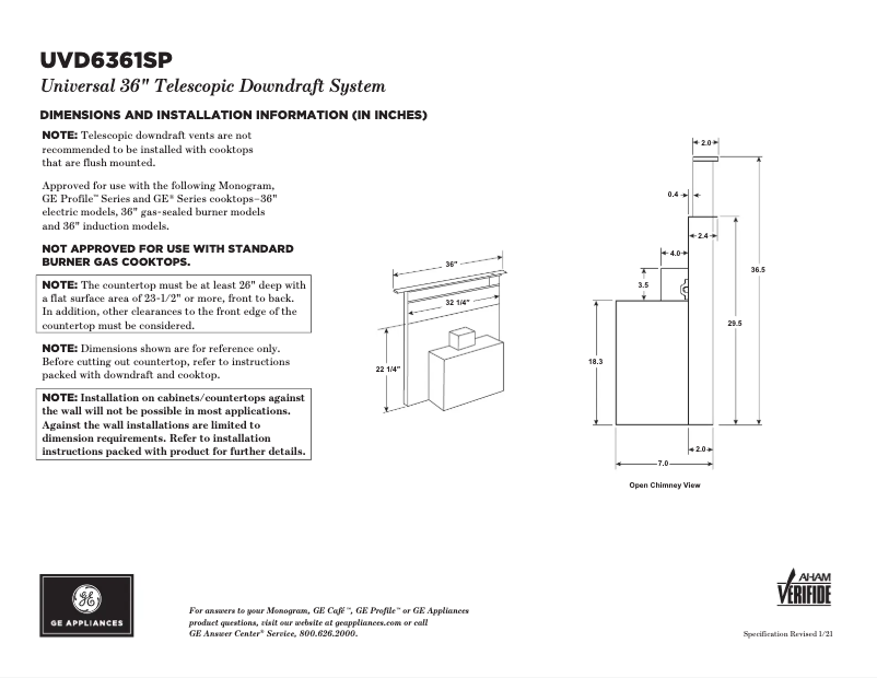 Page 1 de la notice Fiche technique GE UVD6361SPSS