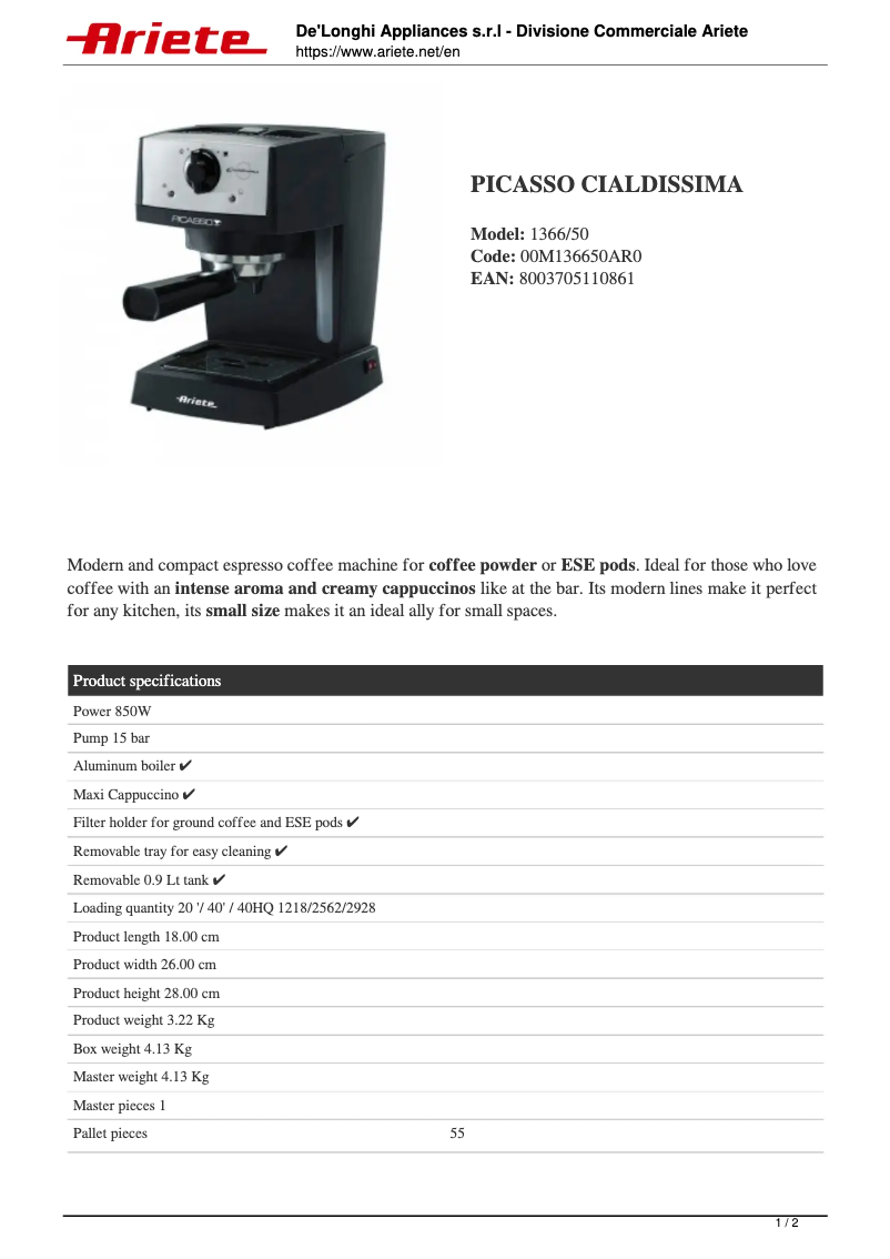 Page 1 de la notice Fiche technique Ariete Picasso Cialdissima 1366