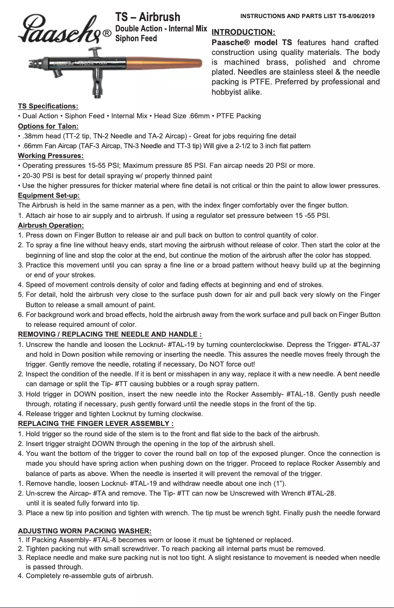 Page 1 de la notice Manuel utilisateur Paasche TS-3AS