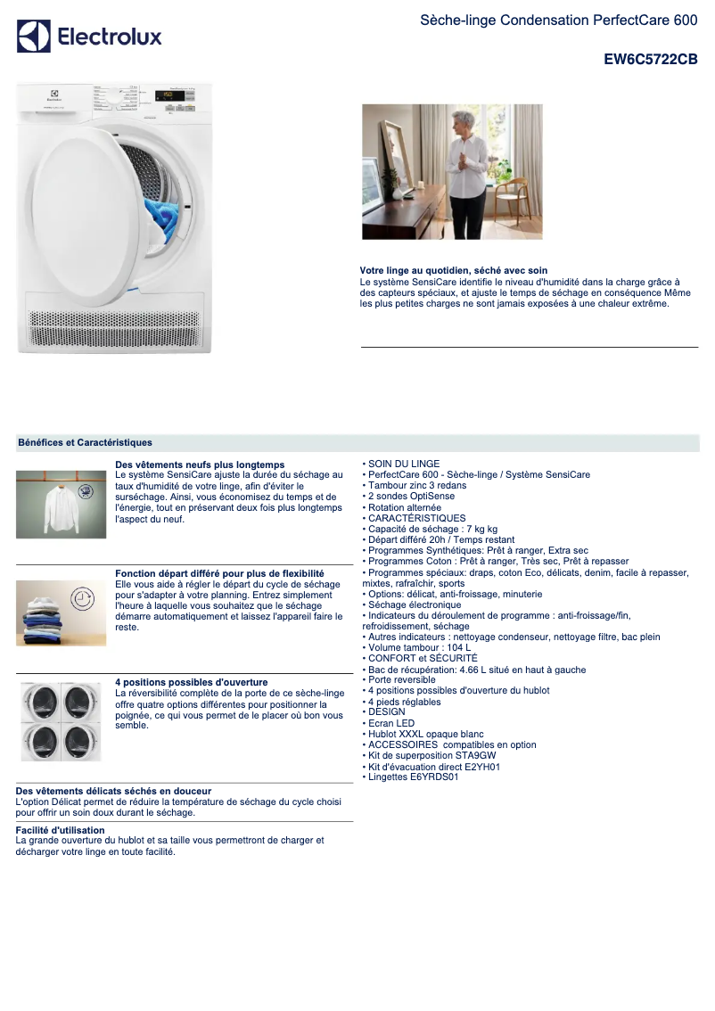 Page 1 de la notice Fiche technique Electrolux EW6C5722CB