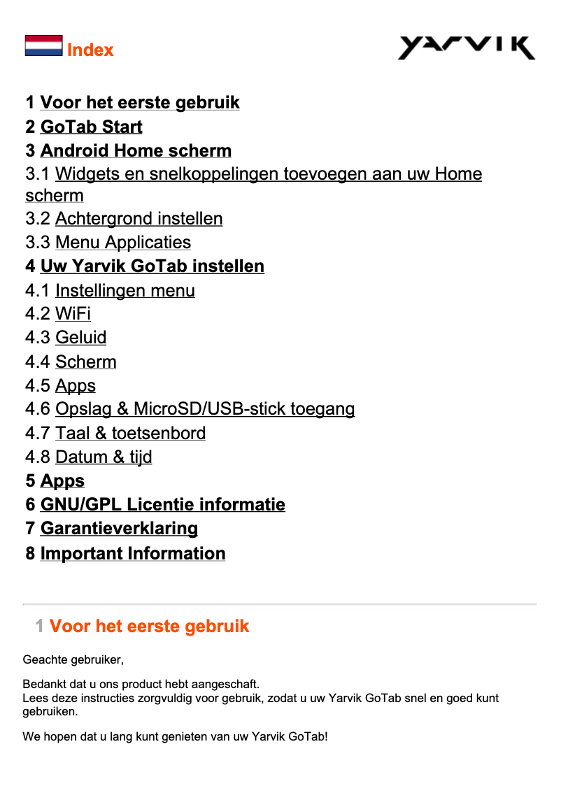 Page 1 de la notice Manuel utilisateur Yarvik Zania TAB462EUK