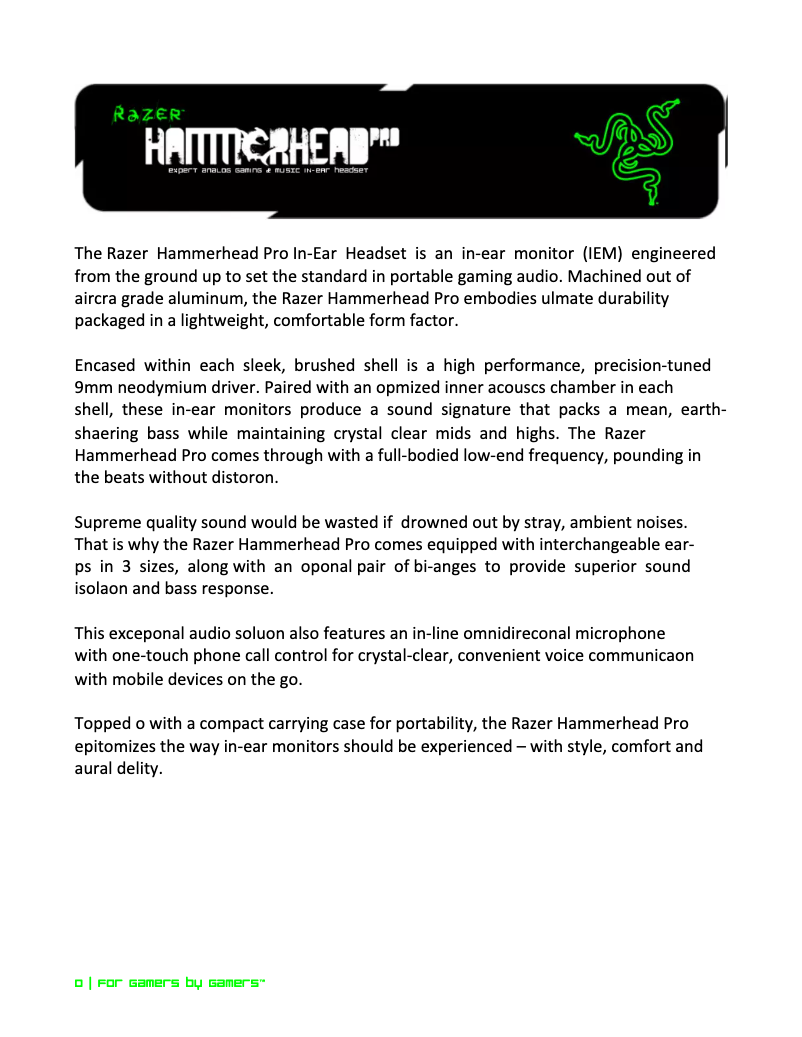 Page n°1 - Manuel utilisateur Razer Hammerhead Pro In-Ear Headset