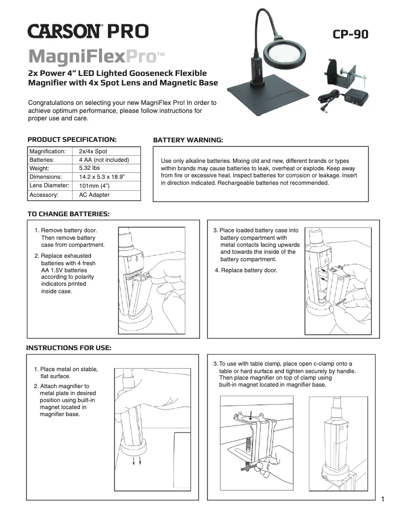 Page 1 de la notice Manuel utilisateur Carson MagniFlexPro CP-90