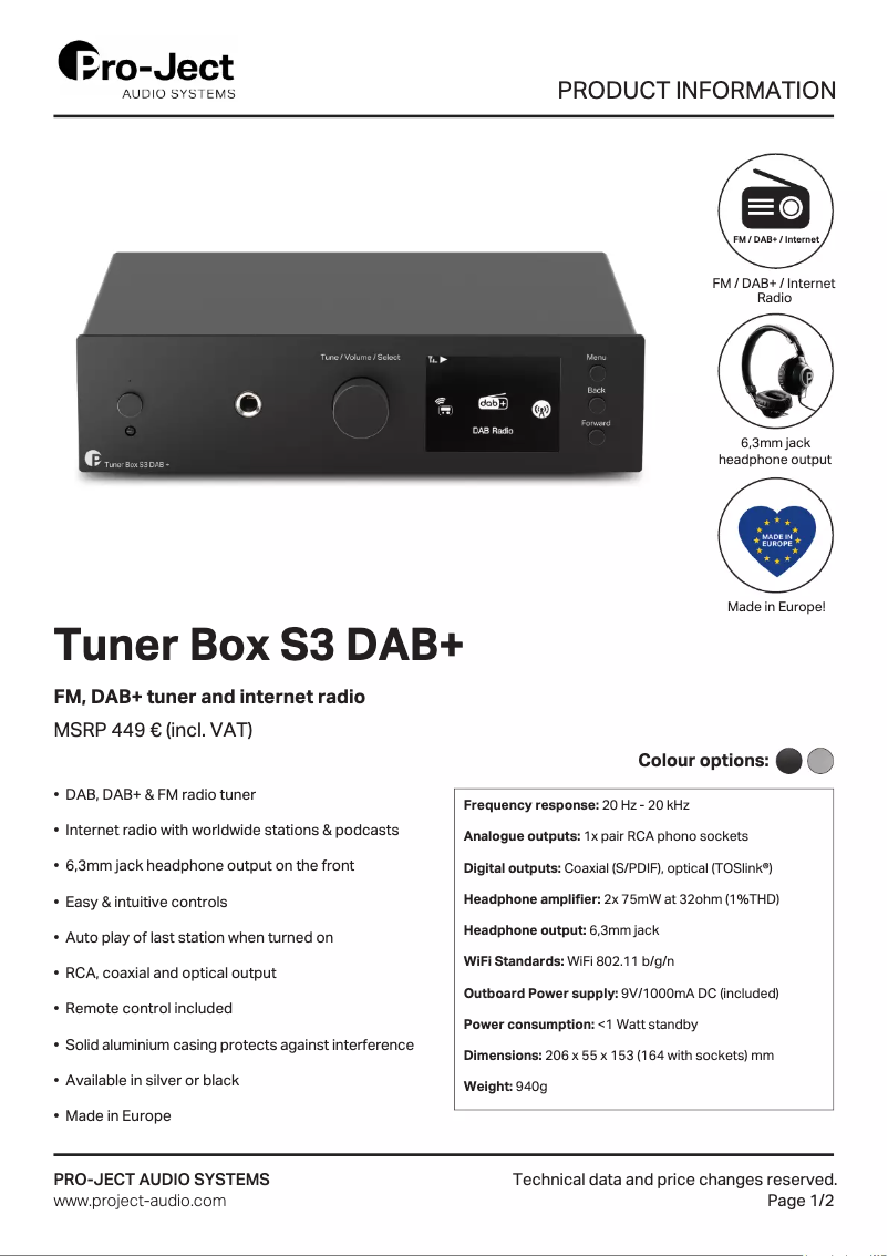 Página 1 del manual Ficha técnica Pro-Ject Tuner Box S3 DAB+