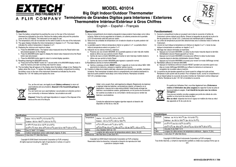 Page 1 de la notice Manuel utilisateur Extech 401014