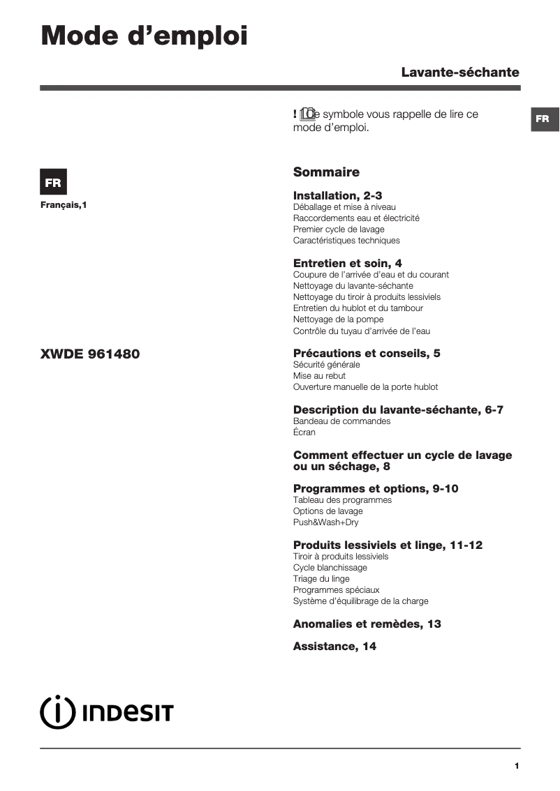 Image de la première page du manuel de l'appareil XWDE 961480X W FR