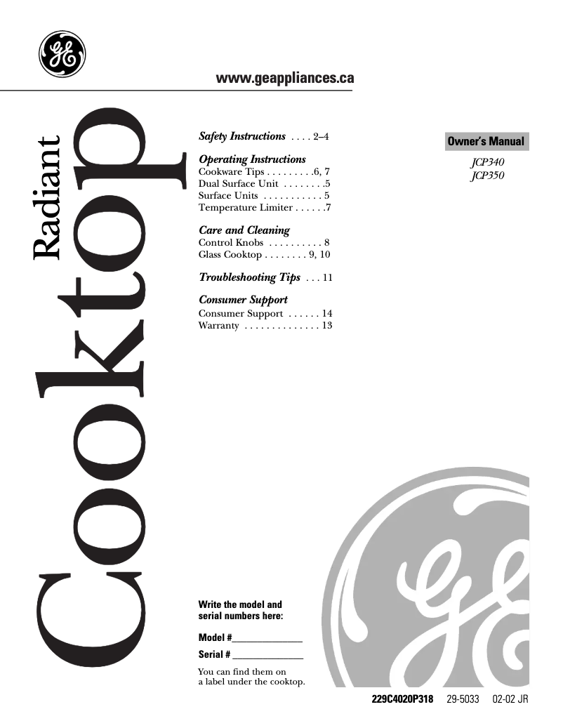 Page 1 de la notice Manuel utilisateur GE JCP350BCBB