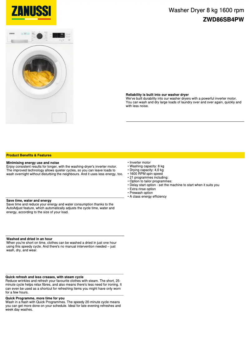 Page 1 de la notice Fiche technique Zanussi ZWD86SB4PW