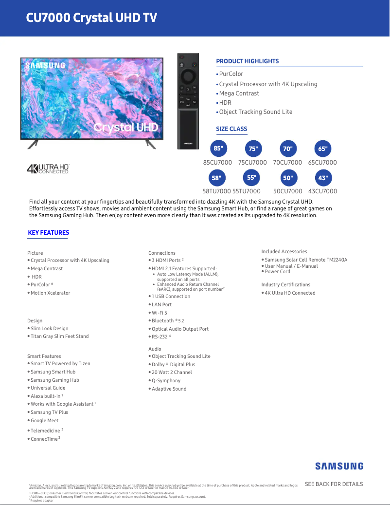 Page 1 de la notice Fiche technique Samsung UN55CU7000F