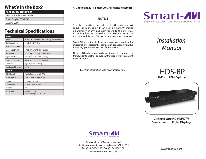 Page 1 de la notice Manuel utilisateur Smart-AVI HDS-8PS