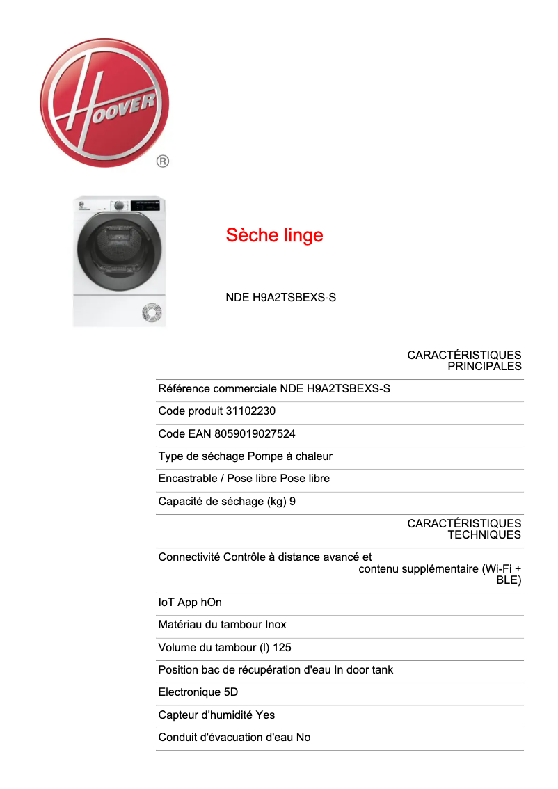 Page n°1 - Fiche technique Hoover NDE H9A2TSBEXS-S