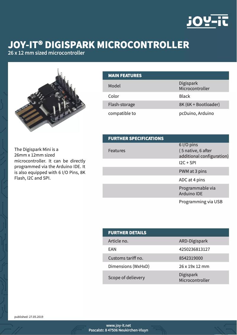 Page 1 de la notice Fiche technique Joy-It ARD-DIGISPARK