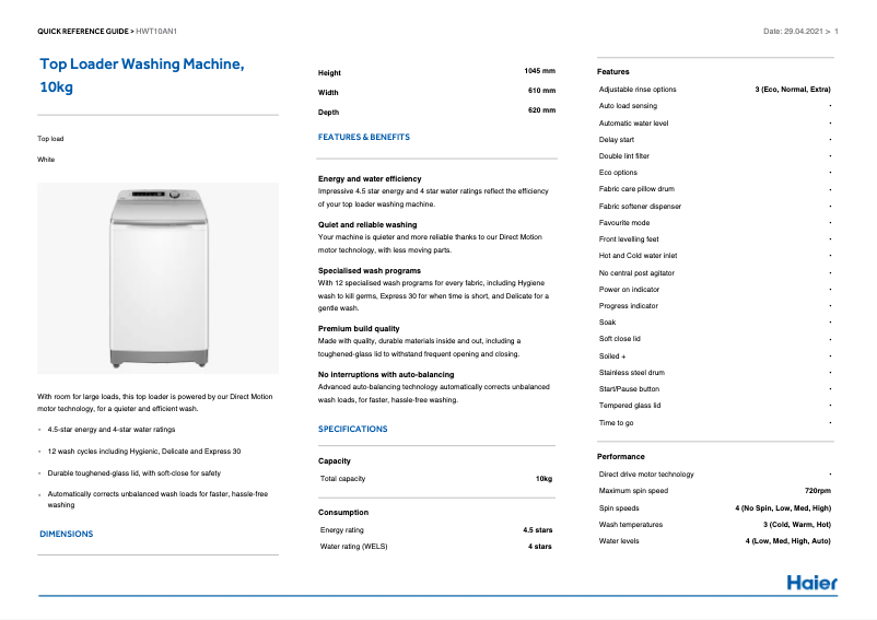 Page 1 de la notice Fiche technique Haier HWT10AN1