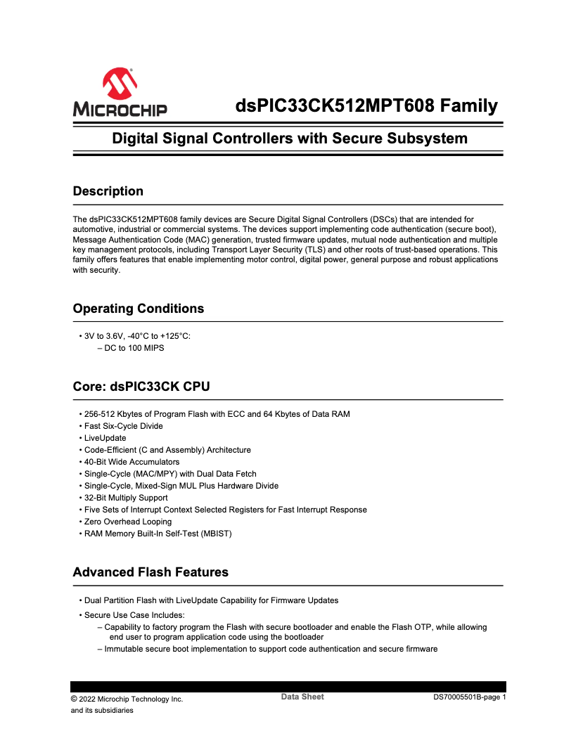Page 1 de la notice Manuel utilisateur Microchip dsPIC33CK256MPT608
