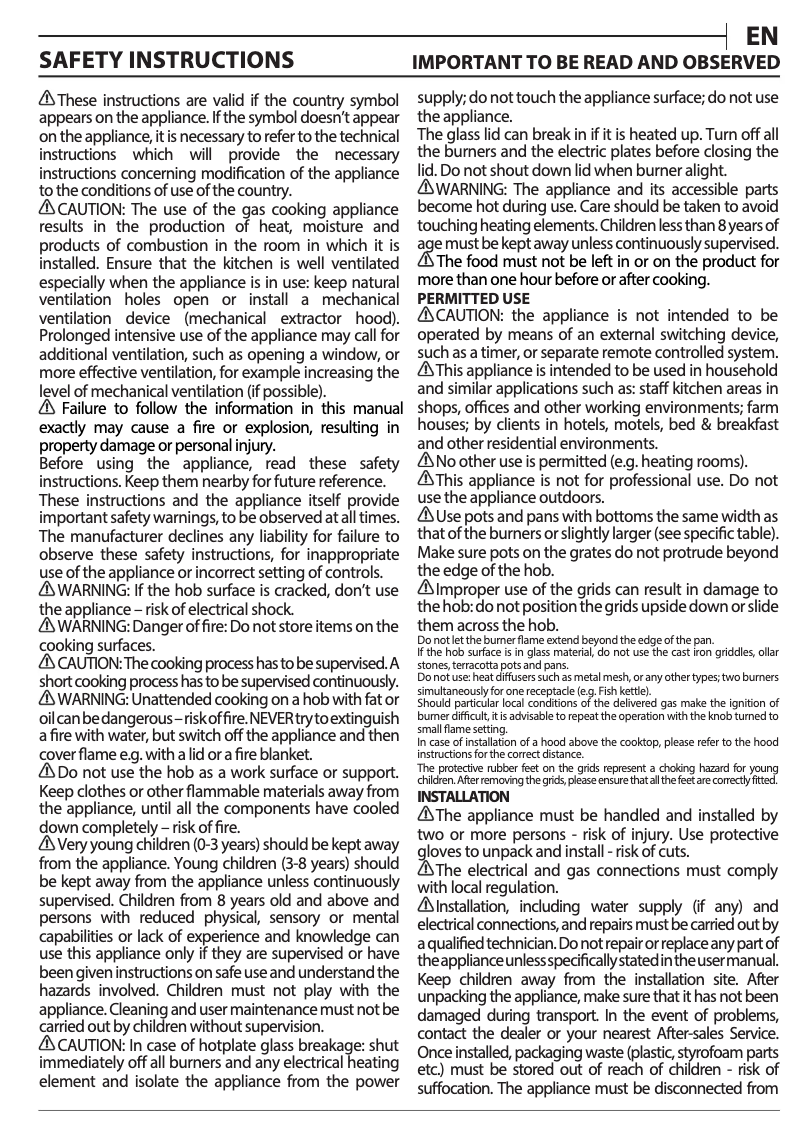 Page 1 de la notice Instructions / montage Whirlpool GOA 925/NB