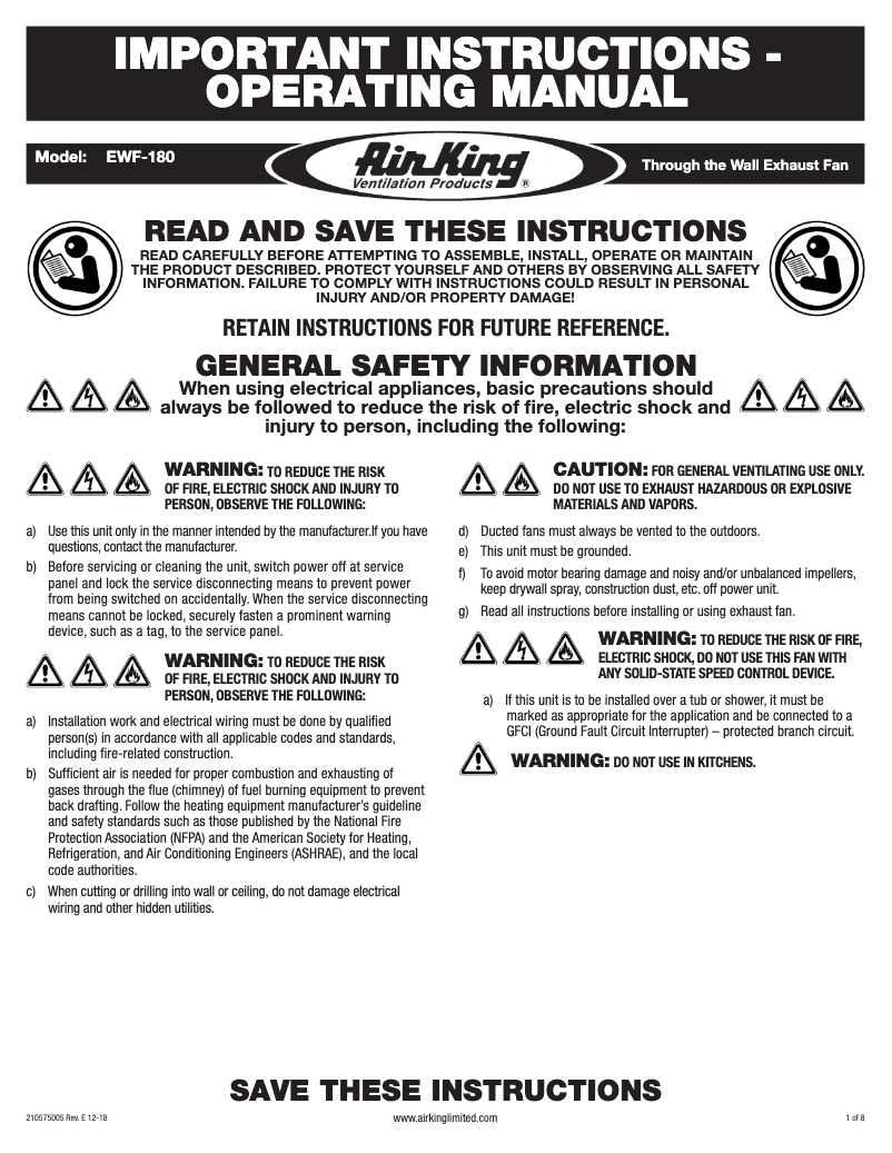 Page 1 de la notice Instructions / montage Air King EWF-180