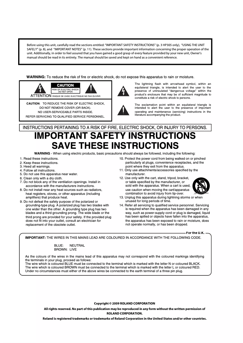 Page 1 de la notice Manuel utilisateur Roland HP305