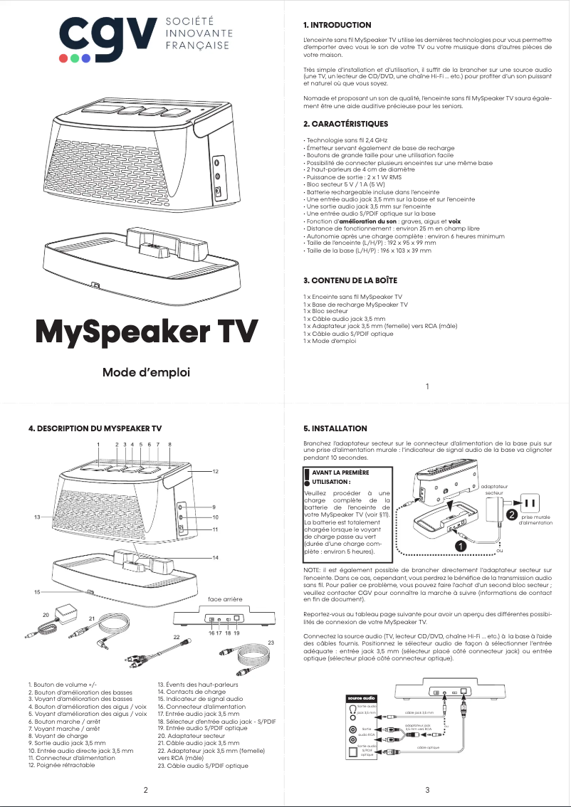 Page 1 de la notice Manuel utilisateur CGV My Speaker TV