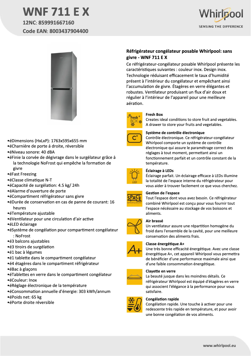 Página 1 del manual Ficha técnica Whirlpool WNF 711 E X