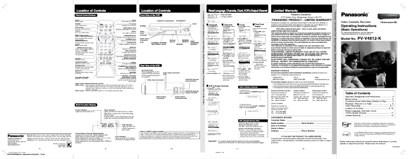 Page 1 de la notice Manuel utilisateur Panasonic PV-V4612
