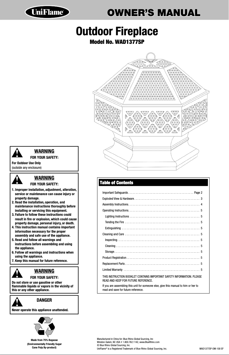 Page 1 de la notice Manuel utilisateur Blue Rhino WAD1377SP