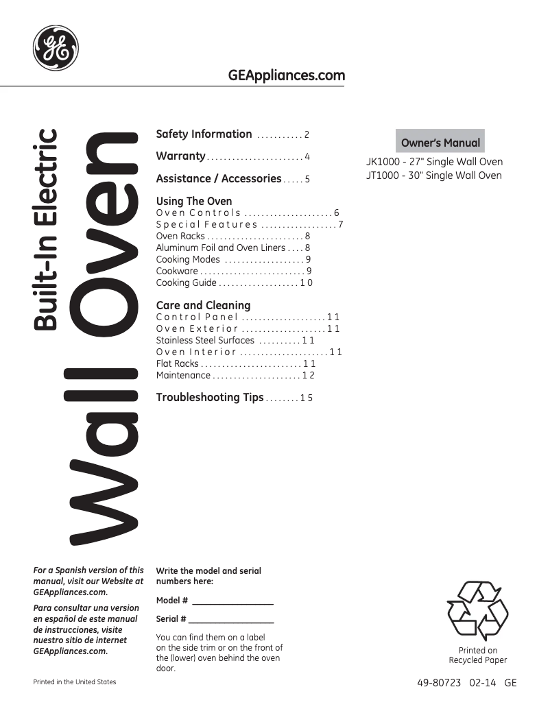 Page 1 de la notice Mode d'emploi GE JK1000SFSS