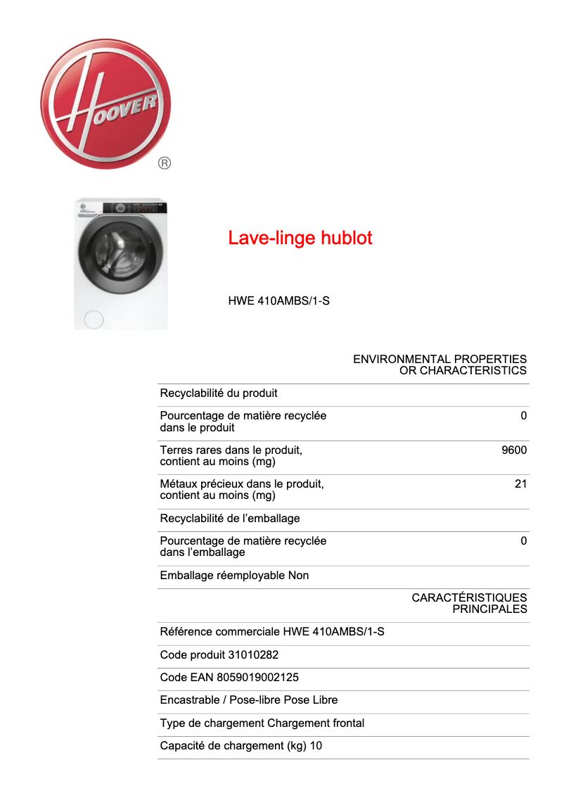 Page n°1 - Fiche technique Hoover H-WASH 500 HWE 410AMBS/1-S