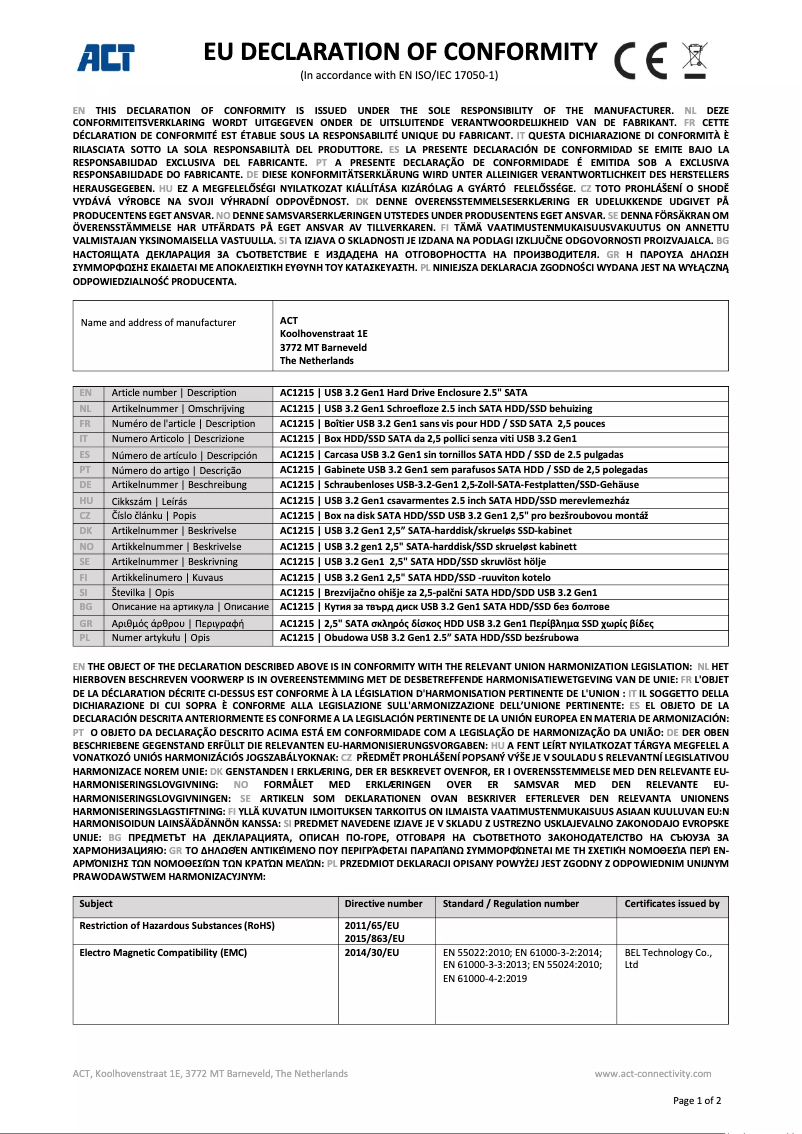 Page n°1 - Manuel utilisateur ACT AC1215