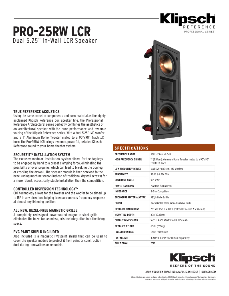 Page 1 de la notice Fiche technique Klipsch Professional Series