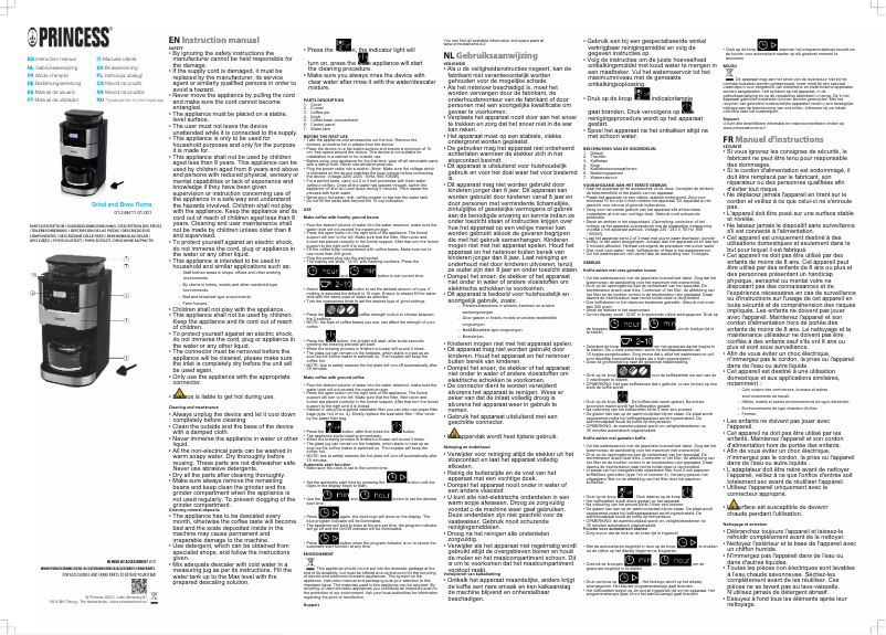 Page 1 de la notice Manuel utilisateur Princess Grind and Brew Roma 249411