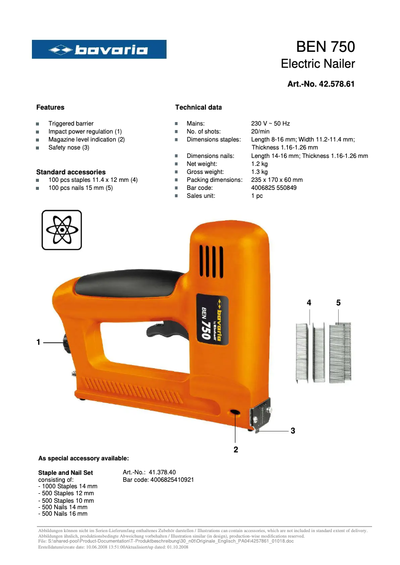 Page 1 de la notice Manuel utilisateur Bavaria by Einhell BEN 750