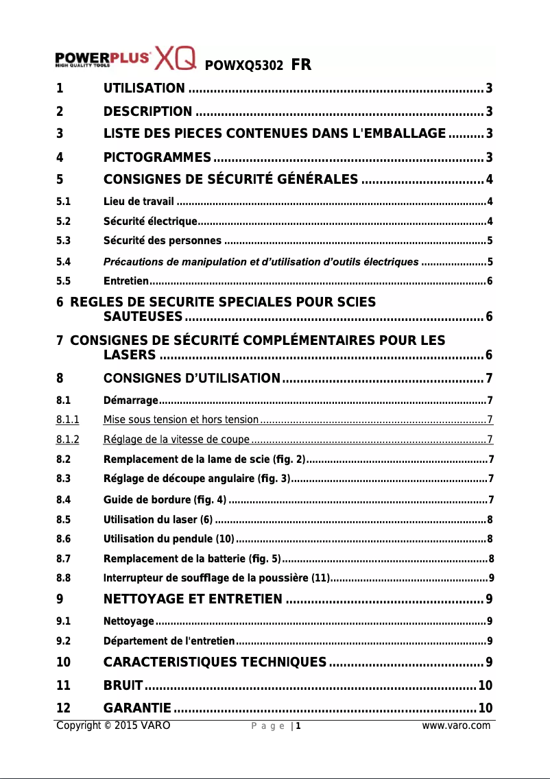 Page 1 de la notice Manuel utilisateur VARO POWXQ5302