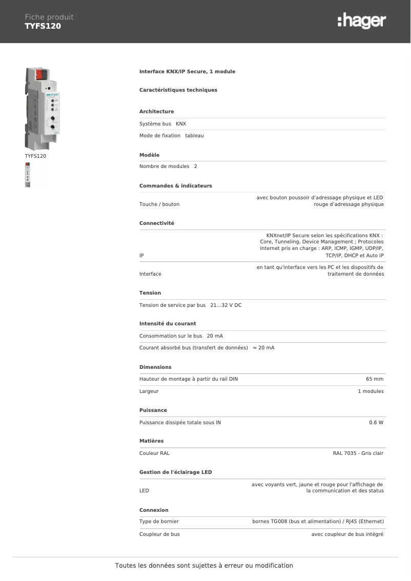 Page n°1 - Fiche technique Hager TYFS120
