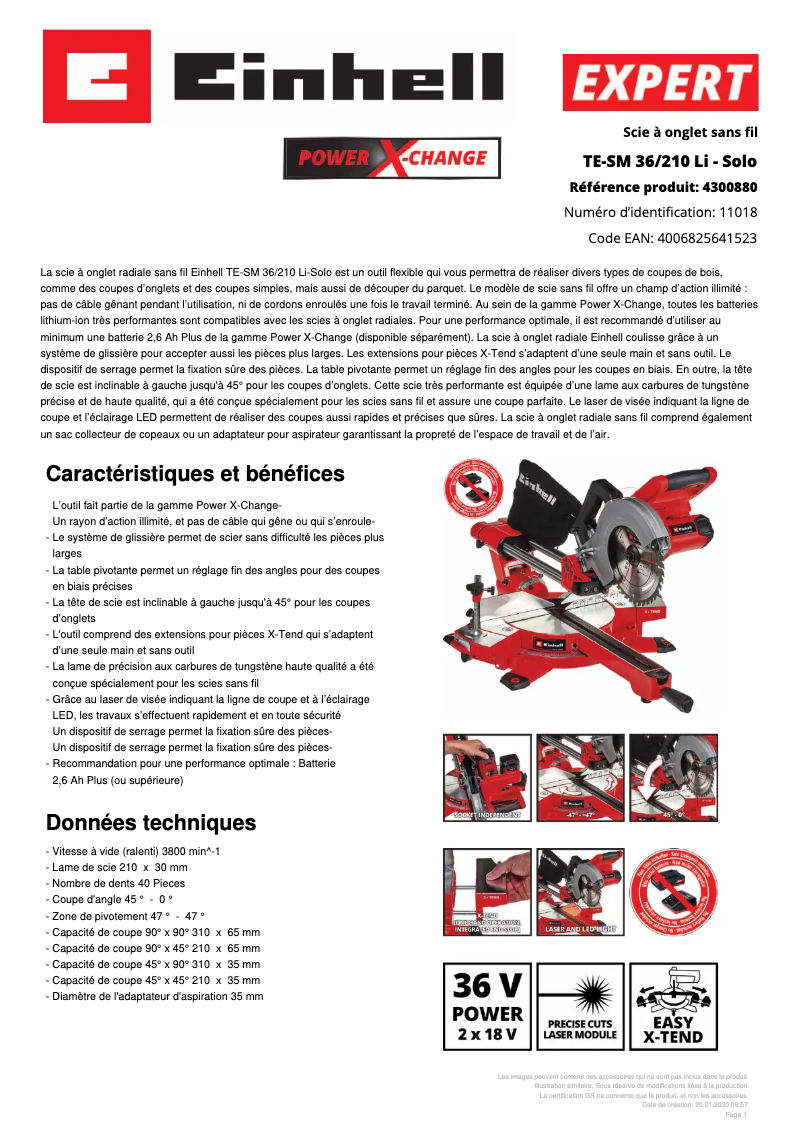 Página 1 del manual Ficha técnica Einhell TE-SM 36/210 Li