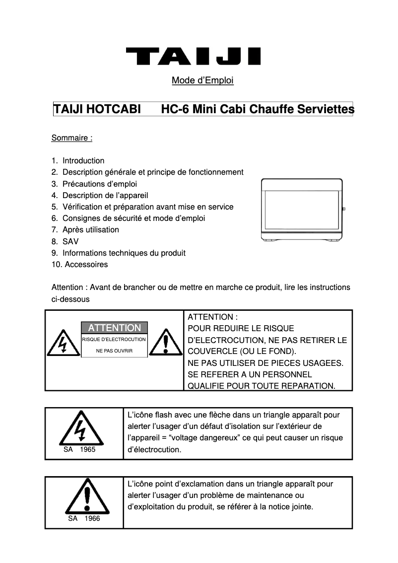 Page n°1 - Manuel utilisateur Taiji HC-6