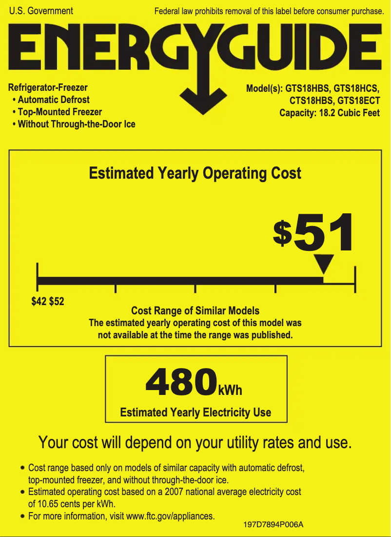 Page 1 de la notice Label énergétique GE GTS18HCSCC