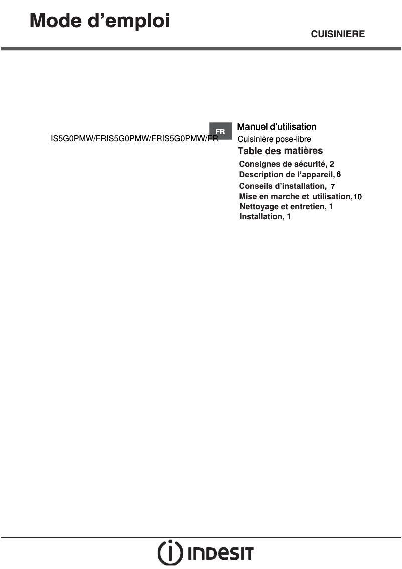Page 1 de la notice Manuel utilisateur Indesit IS5G0PMW