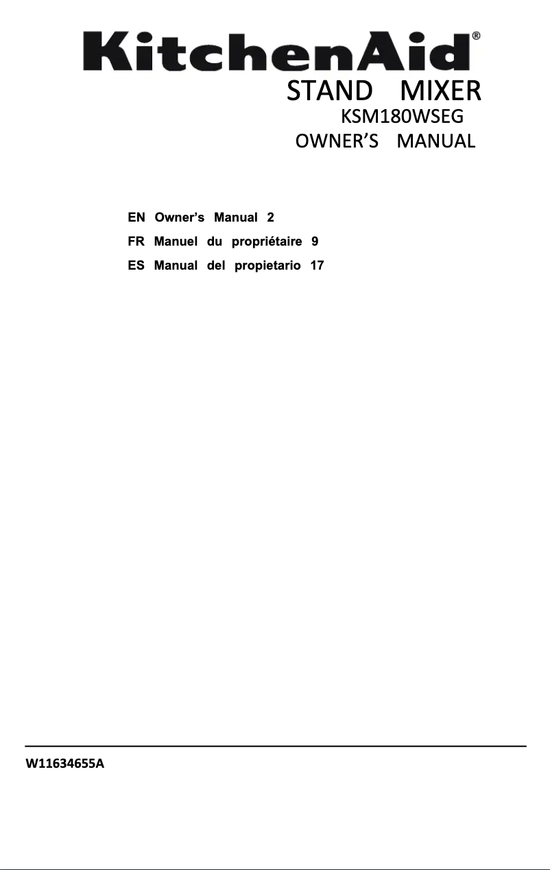 Page 1 de la notice Manuel utilisateur KitchenAid KSM180WSEG