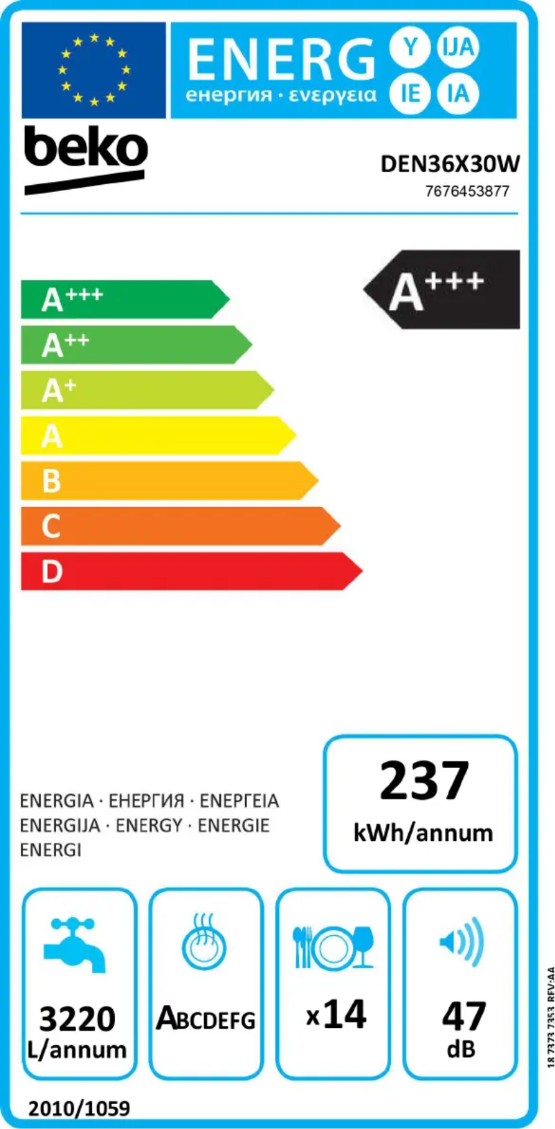 Page 1 de la notice Label énergétique Beko DEN36X30