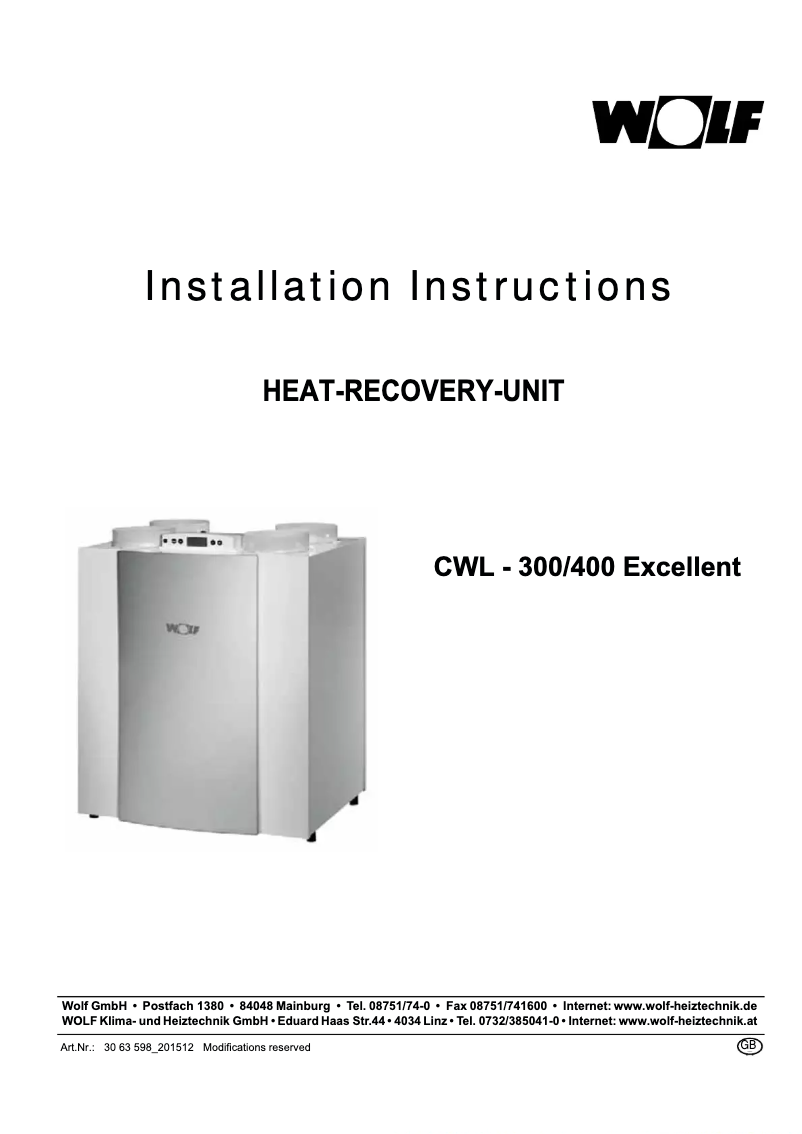 Page 1 de la notice Manuel utilisateur Wolf CWL-2-325