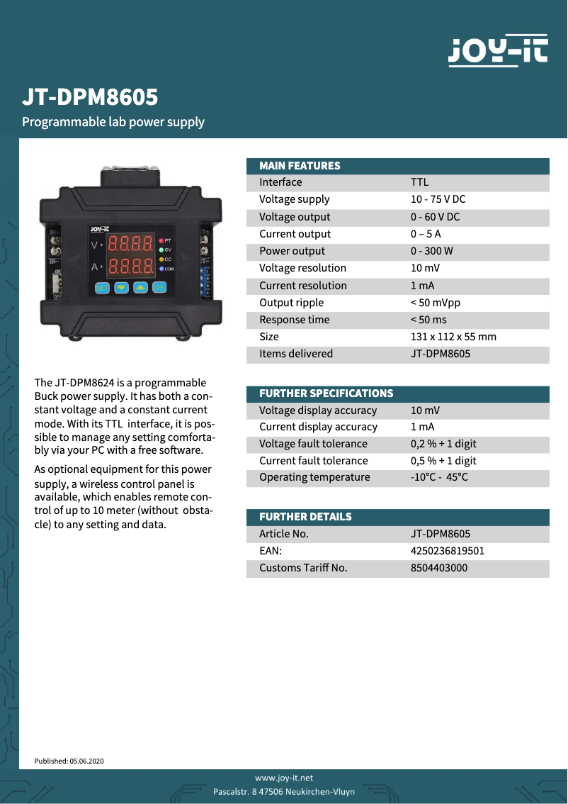 Página 1 del manual Ficha técnica Joy-It JT-DPM8605