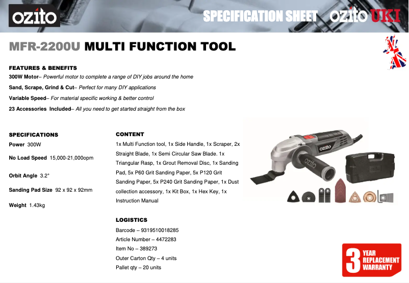 Page n°1 - Fiche technique Ozito MFR-2200U