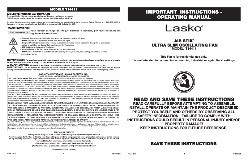 Page 1 de la notice Manuel utilisateur Lasko Air Stik T14411
