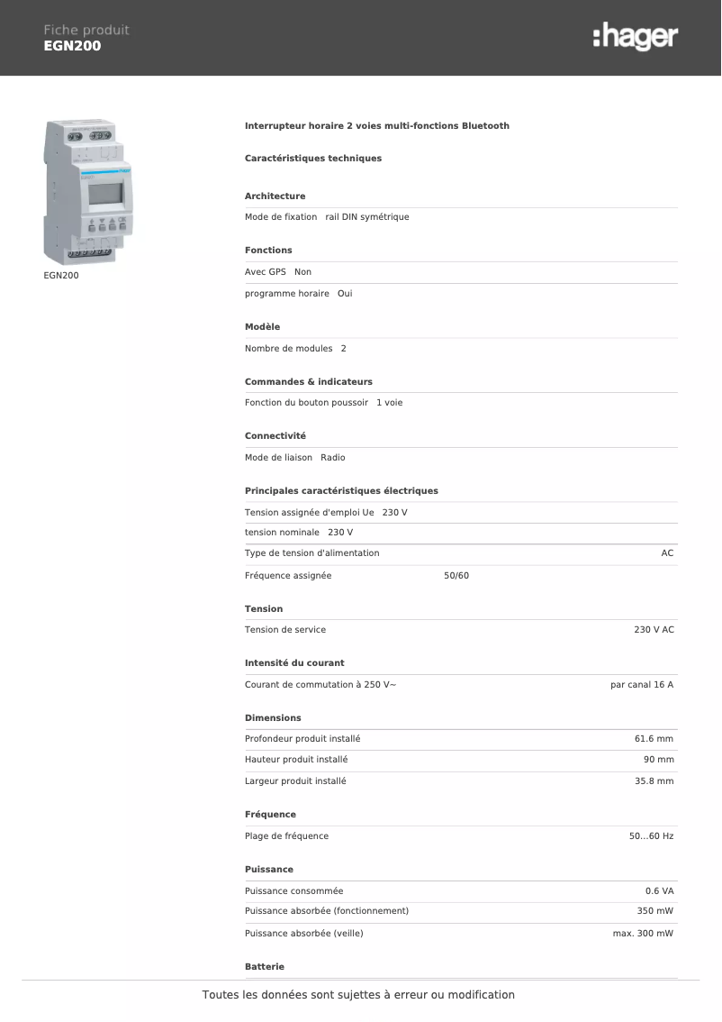 Page n°1 - Fiche technique Hager EGN200